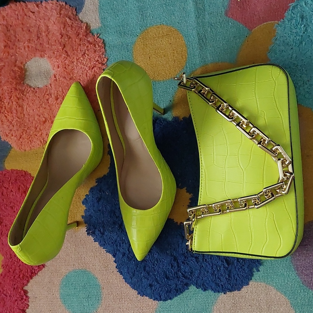 Aldo Neon Yellow/Green Crocodile Heels Sz 10 + Mathching Unbranded Bag - Picture 9 of 16